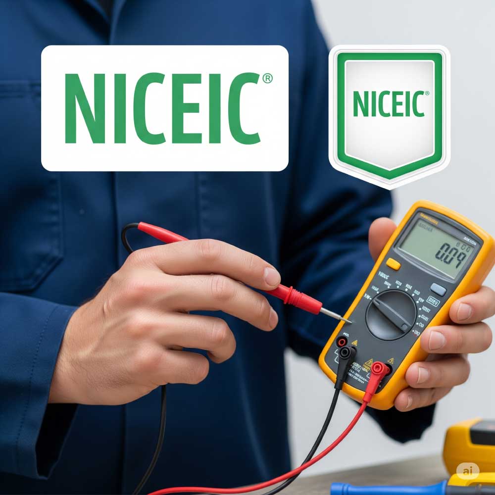 Domestic an image of the NICEIC logo alongside a professional-looking electrician's hand holding a multimeter